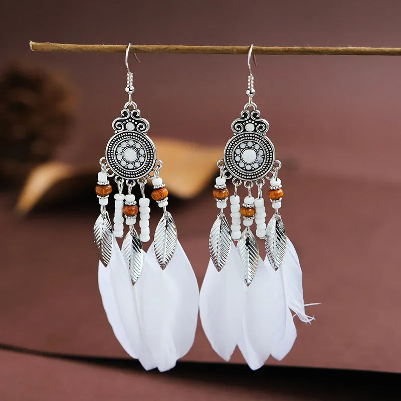 Round drop feather earrings with leaf pattern in Bohemian style, electroplated alloy in various colour options