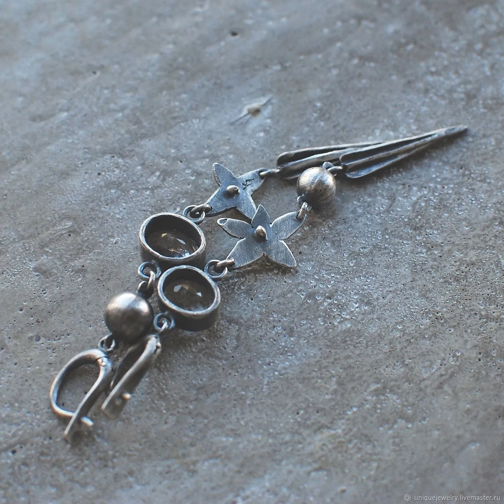 Geometric antique silver pendant earrings with long rhinestone XINGX design