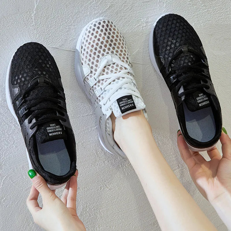 Breathable mesh sneaker with hollow-out design and a flat EVA sole, shown in a light colour on a neutral background.