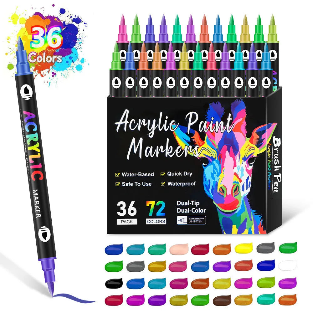 Set of double-ended acrylic marker pens with washable opaque ink, showing various colours.