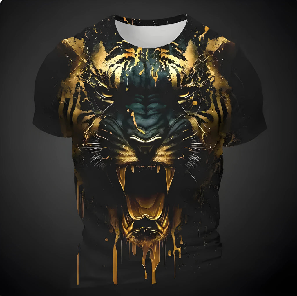 Men's 3D tiger pattern printed T-shirt in polyester bird eye cloth fabric with short sleeves