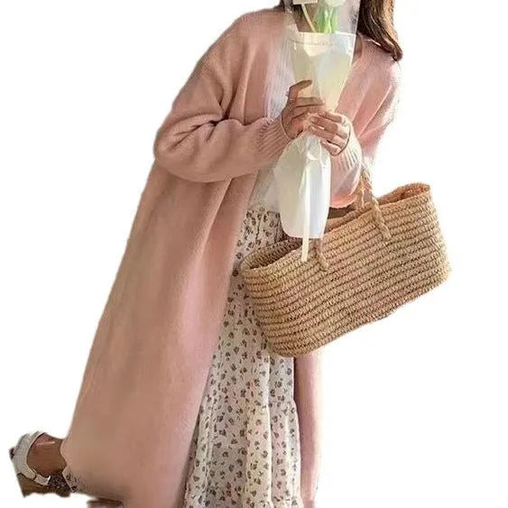 Women's knitted V-neck mid-length cardigan in polyester fabric