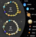 Two natural stone zodiac charm bracelets with elastic threads showing different zodiac symbols