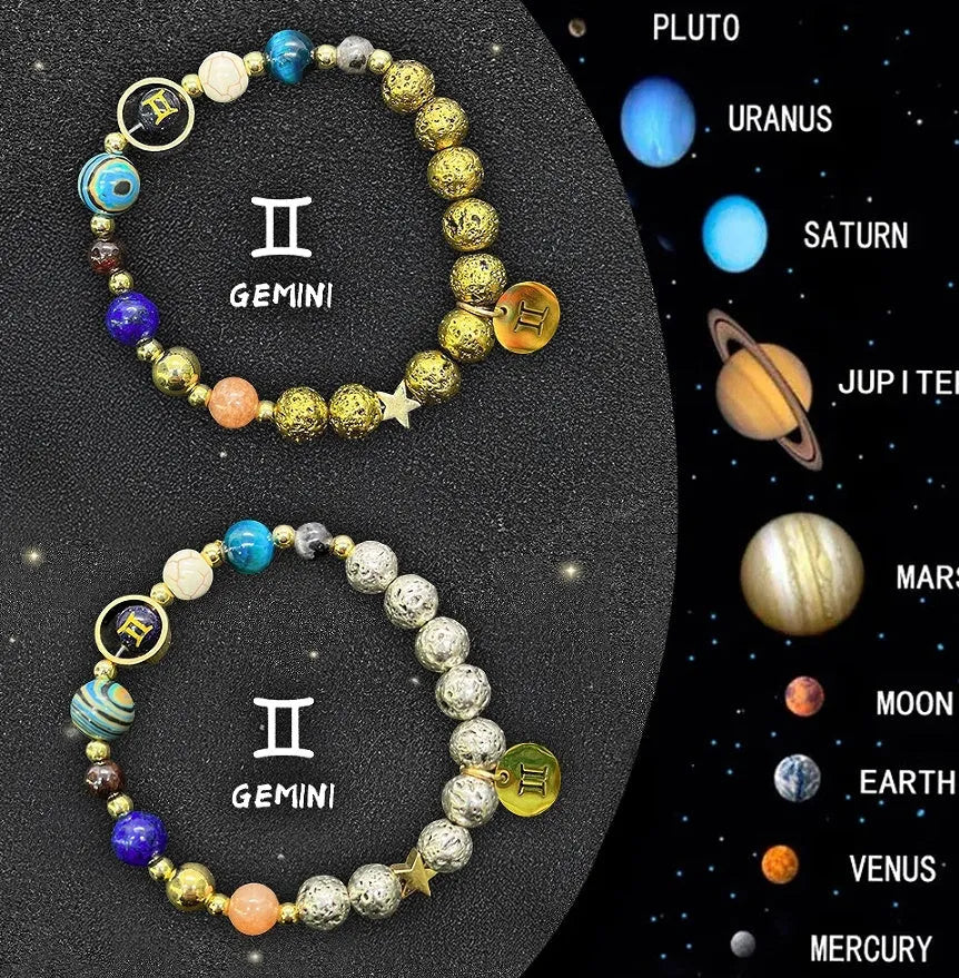 Two natural stone zodiac charm bracelets with elastic threads showing different zodiac symbols