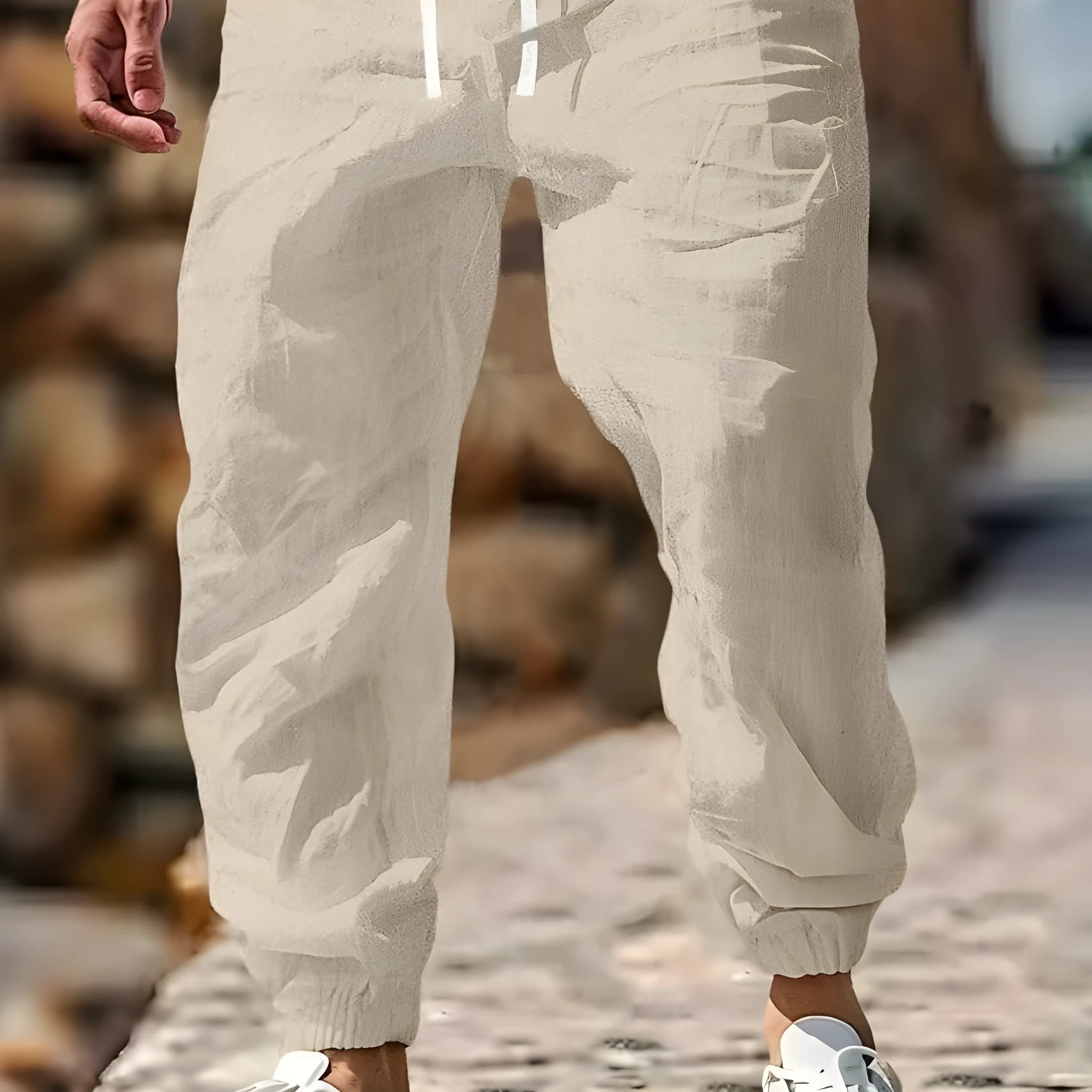 Men's straight-leg cotton summer trousers with elastic waistband in multiple colour options