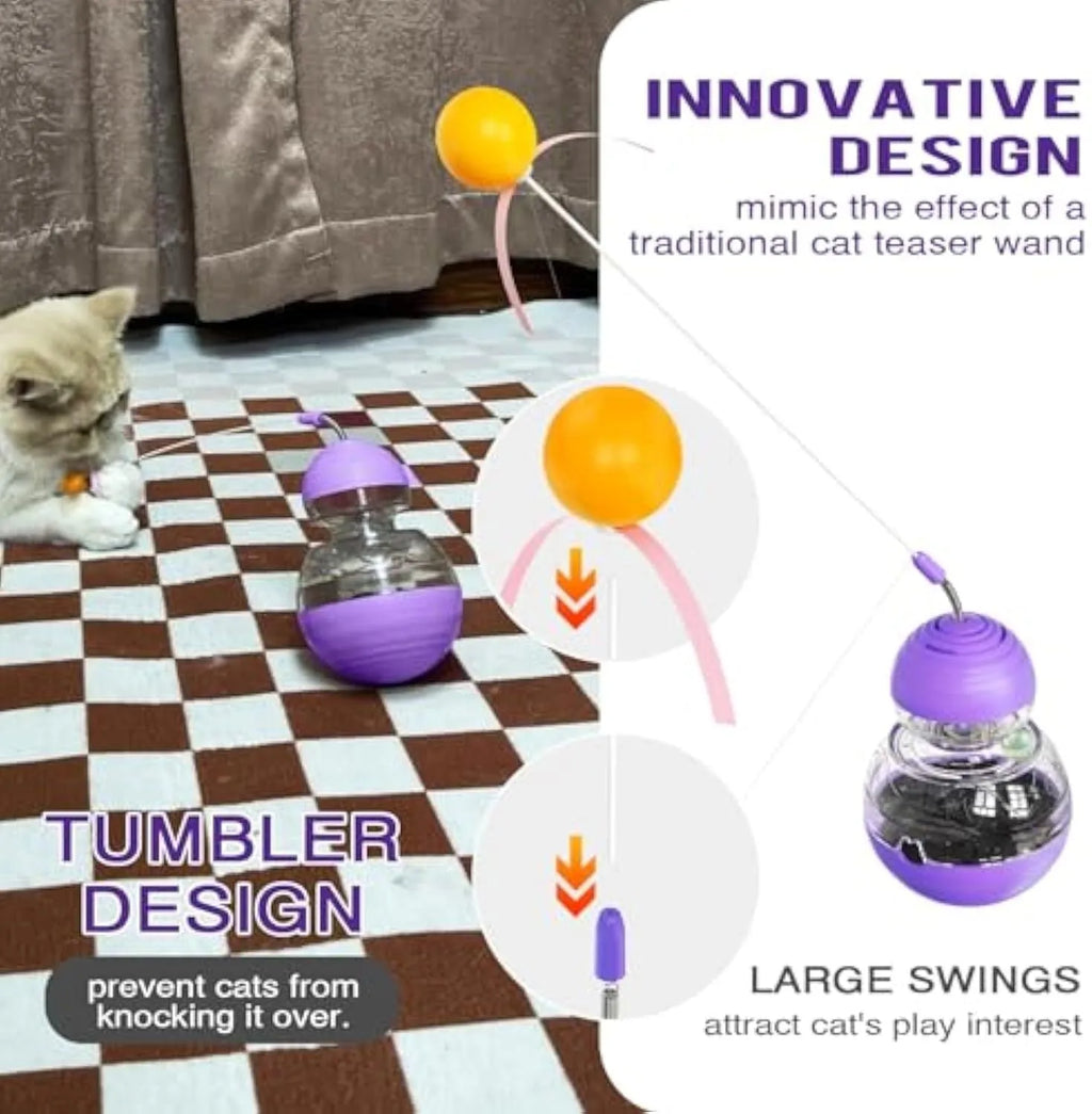 Electric yellow cat wand toy with teaser stick, plastic ball and slow feed dispenser on rocking base