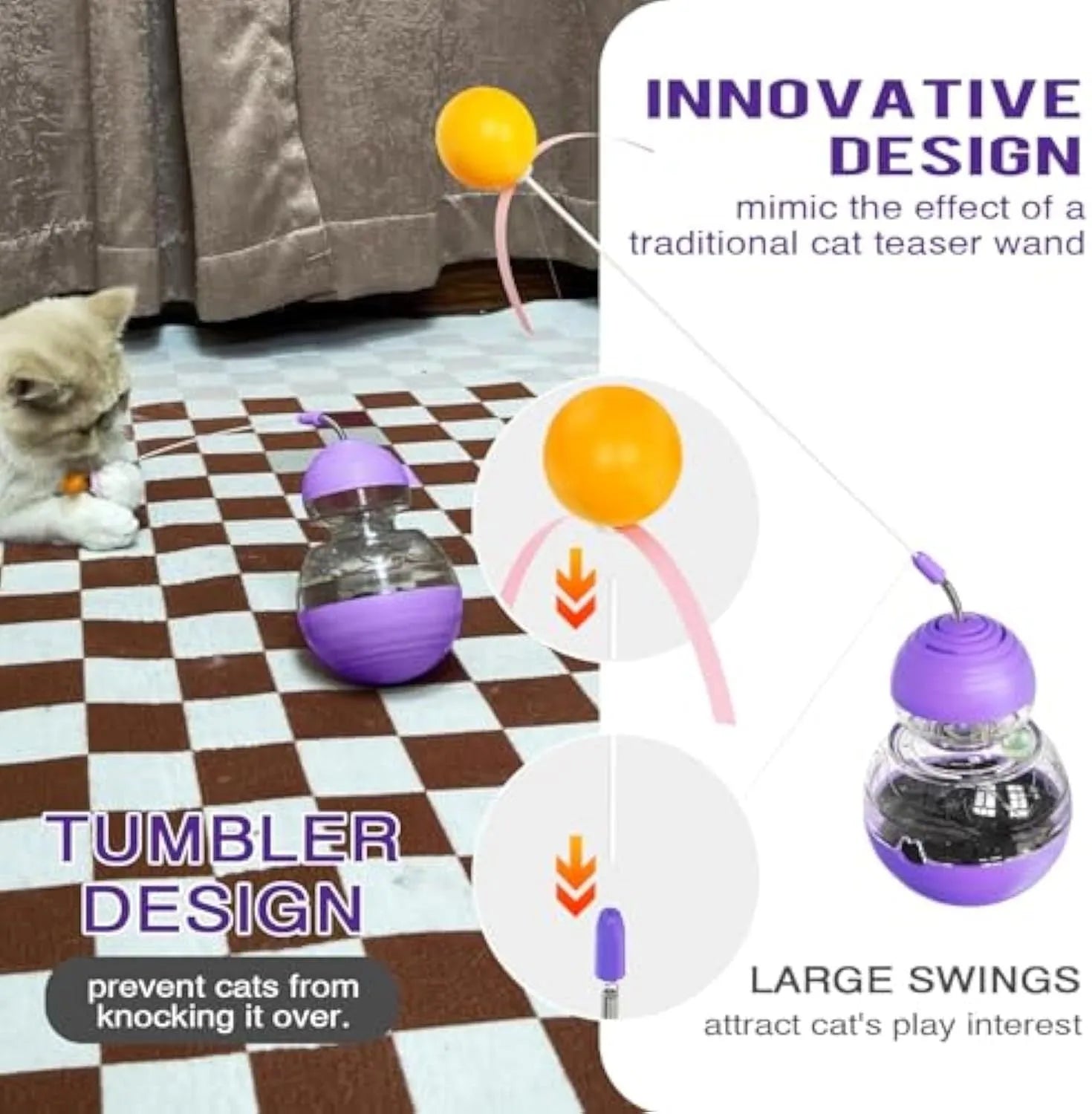 Electric yellow cat wand toy with teaser stick, plastic ball and slow feed dispenser on rocking base