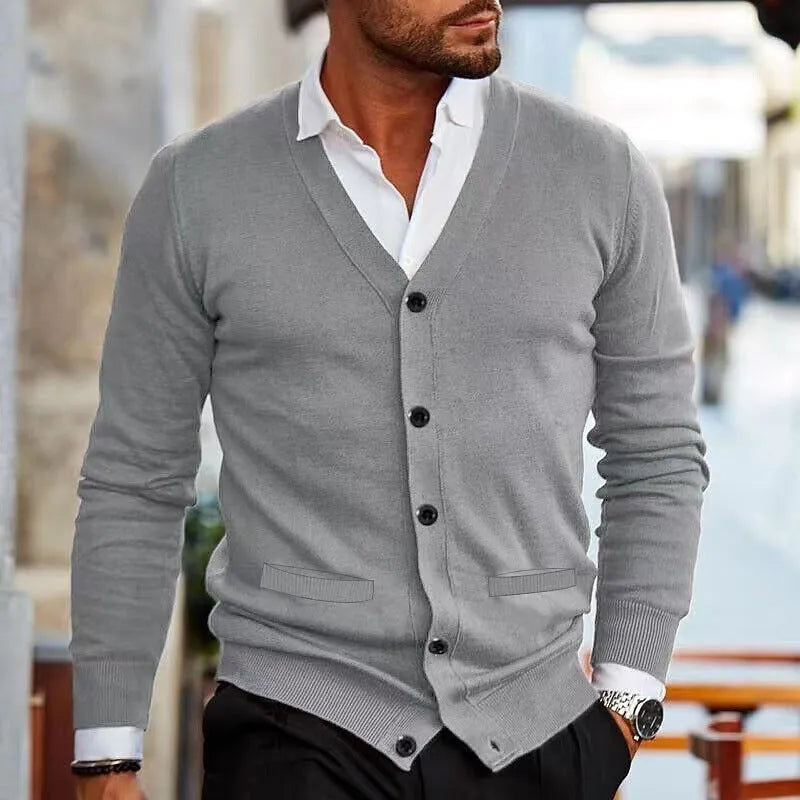 Men's slim fit acrylic cardigan sweater in dark grey, shown as a casual autumn winter layer.