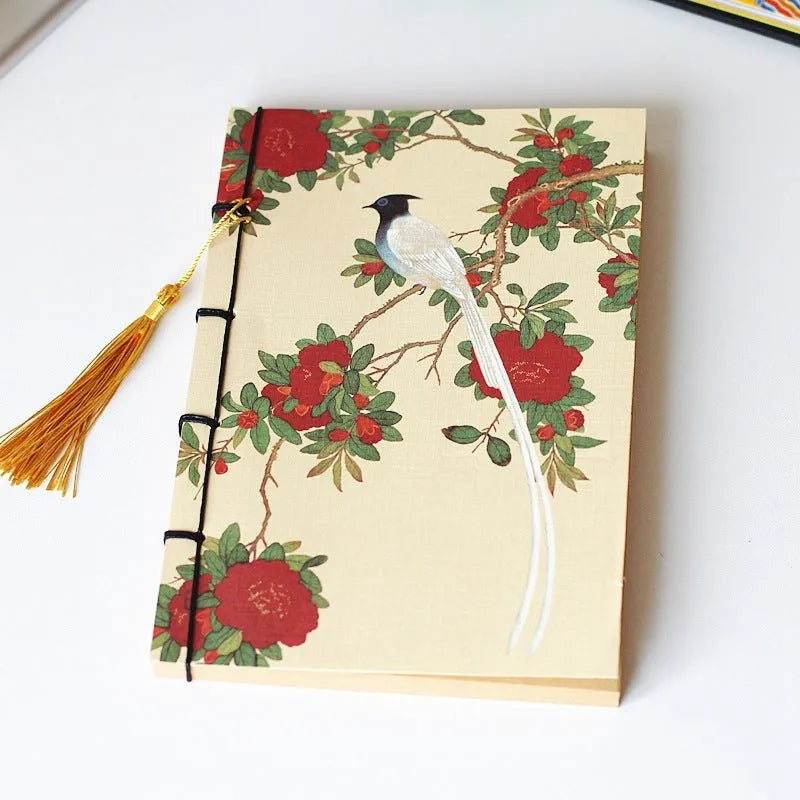 A5 antique wire-bound notebook with retro painting design on white cowhide cover