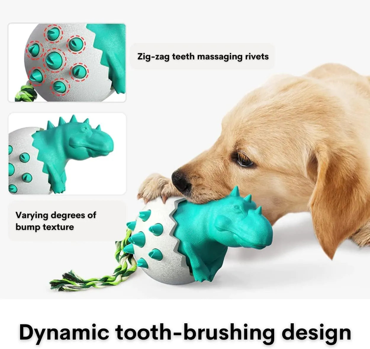 Blue dinosaur-shaped rubber dog chew toy with rope and textured cleaning nubs for aggressive chewers.