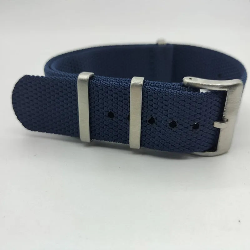 Nylon integrated watch strap in military colours showing 20mm and 22mm width options