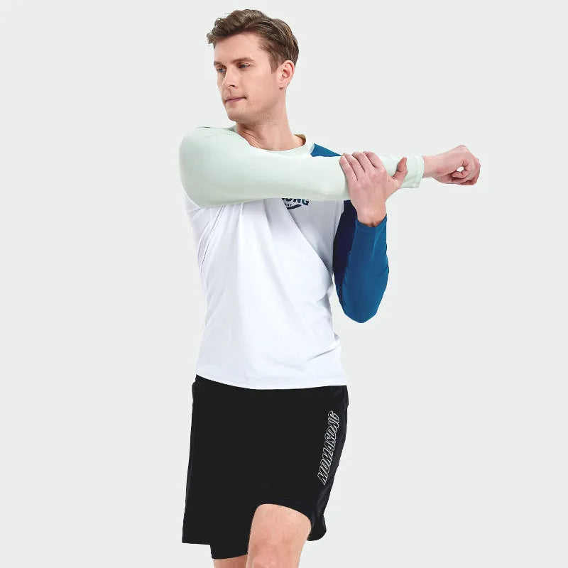 Men's white long-sleeved swim top with matching blue swimming trunks for beach sports.