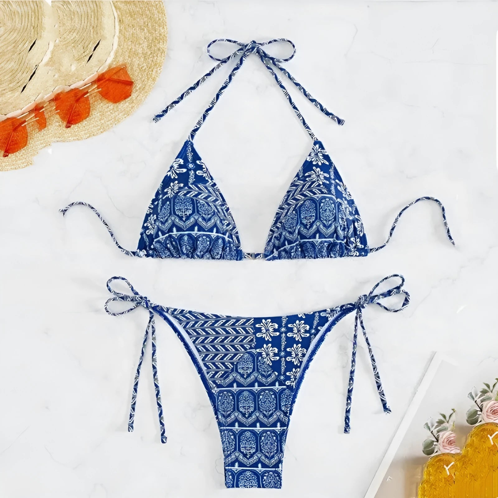 Women's split bikini swimsuit with bandage style and contrast stitching in polyester fabric