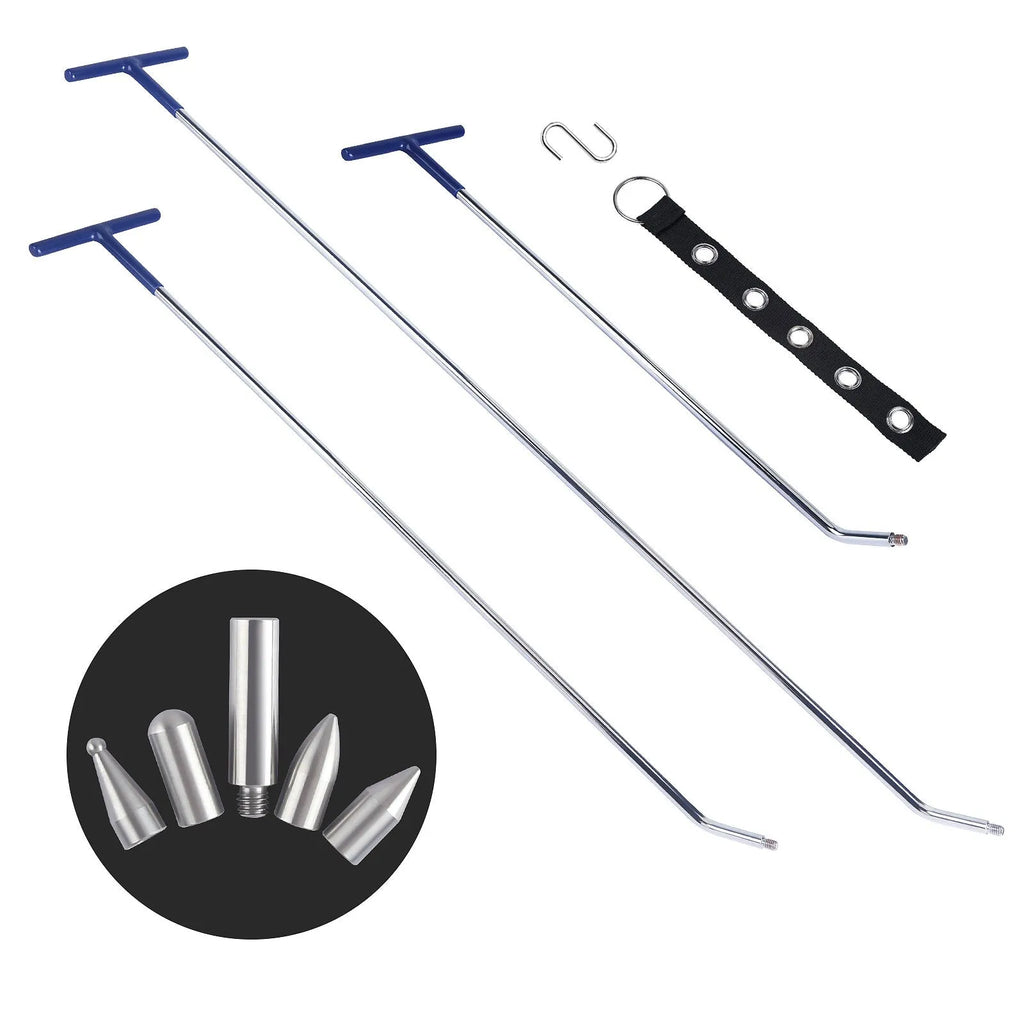 Three-piece automotive dent repair crowbar tool set in alloy steel for bodywork maintenance