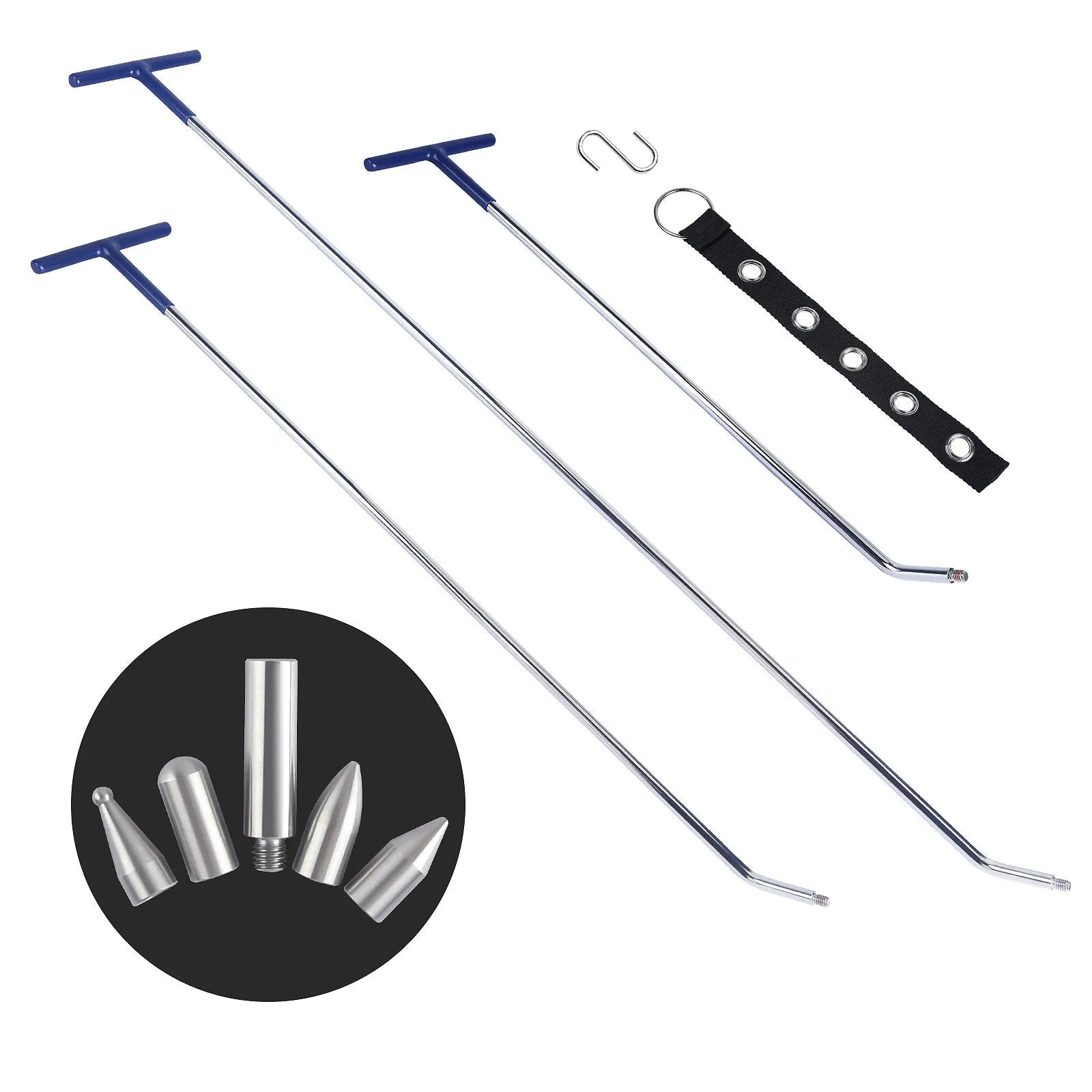 Three-piece automotive dent repair crowbar tool set in alloy steel for bodywork maintenance