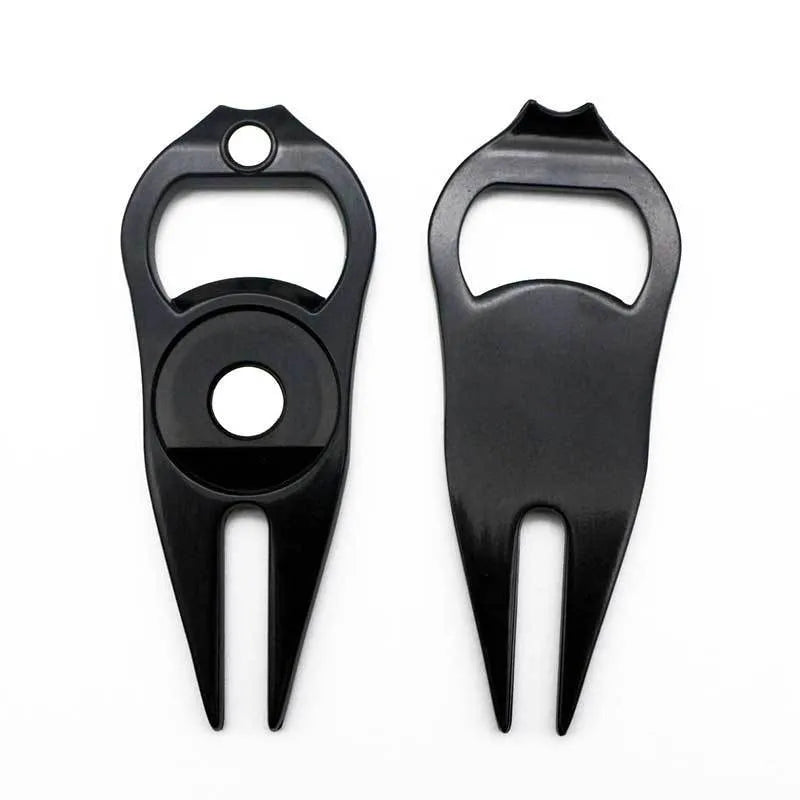 Zinc alloy golf ball yoke bottle opener tool showing black, green and silver colour options with coin