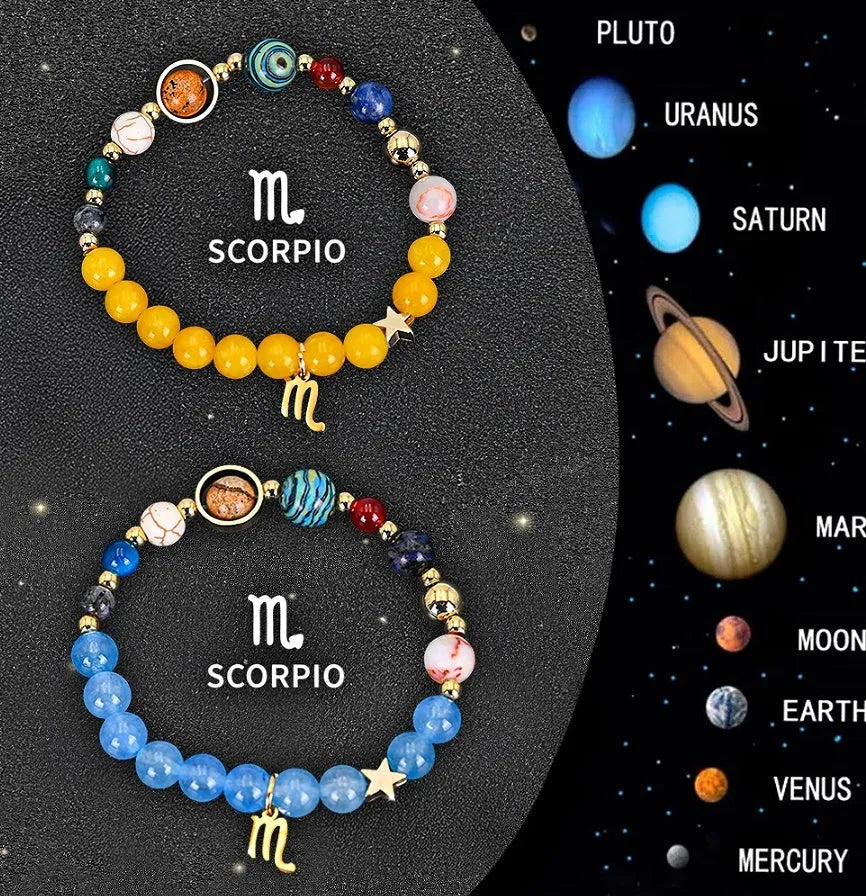 Twelve zodiac sign natural stone beaded bracelet set showing adjustable design and astrological symbols