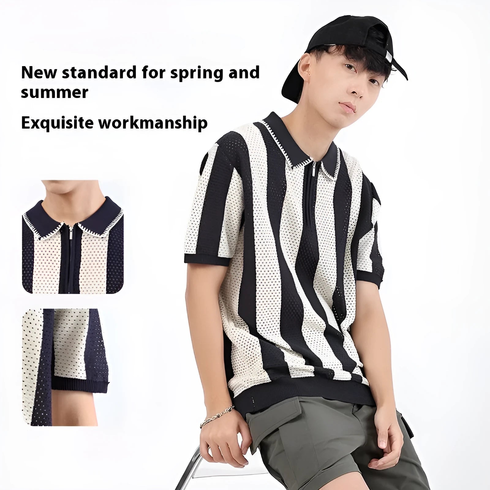Man wearing a black and white striped short sleeve viscose sweater with a decorative zipper detail.