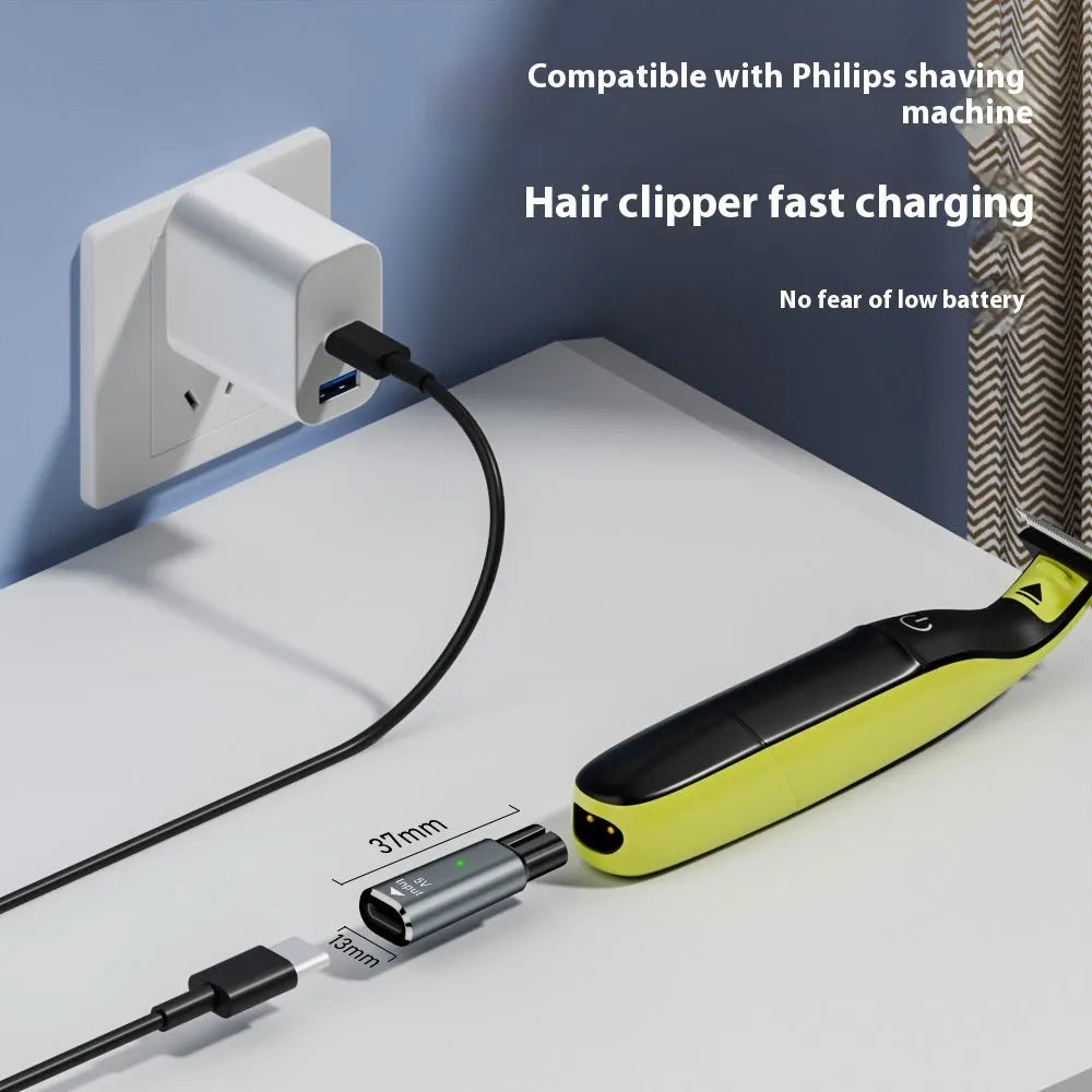 USB-C charging adapter for electric shavers with aluminium alloy housing in black or grey