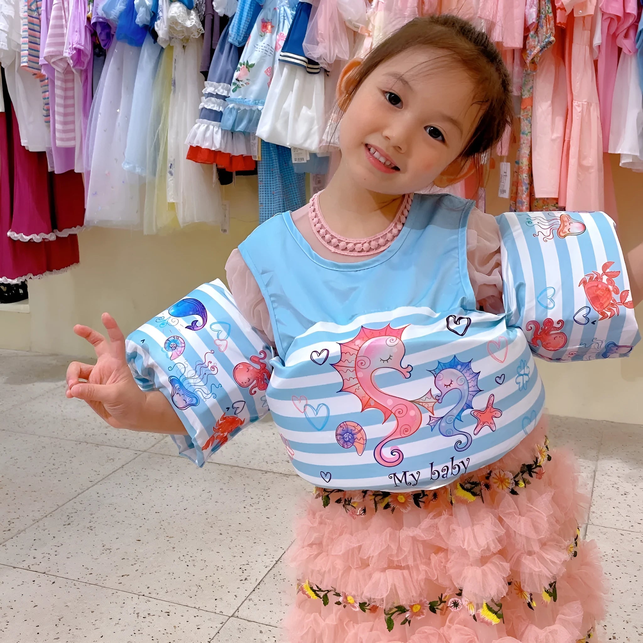 Children's cartoon swimming ring set with long sleeves in various colourful designs