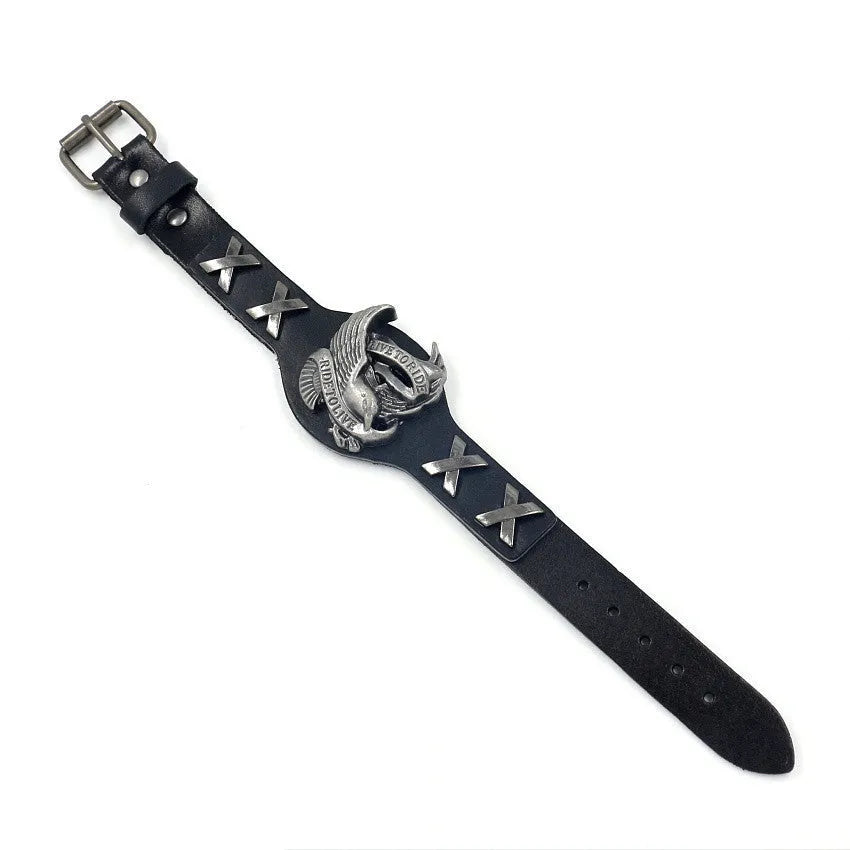Black geometric leather bracelet with an eagle watch-button, showing tapered width.
