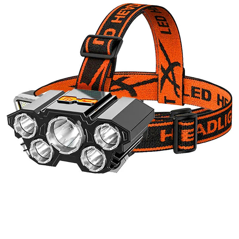 10W LED miner's headlamp with head strap, shown with data cable and storage box.
