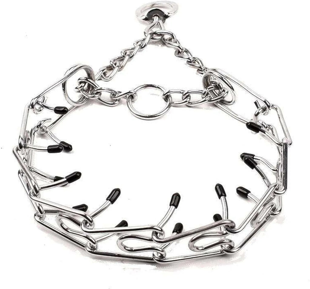 Stainless steel dog prong training collar with adjustable links and rubber comfort tips.