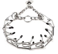 Stainless steel dog prong training collar with adjustable links and rubber comfort tips.