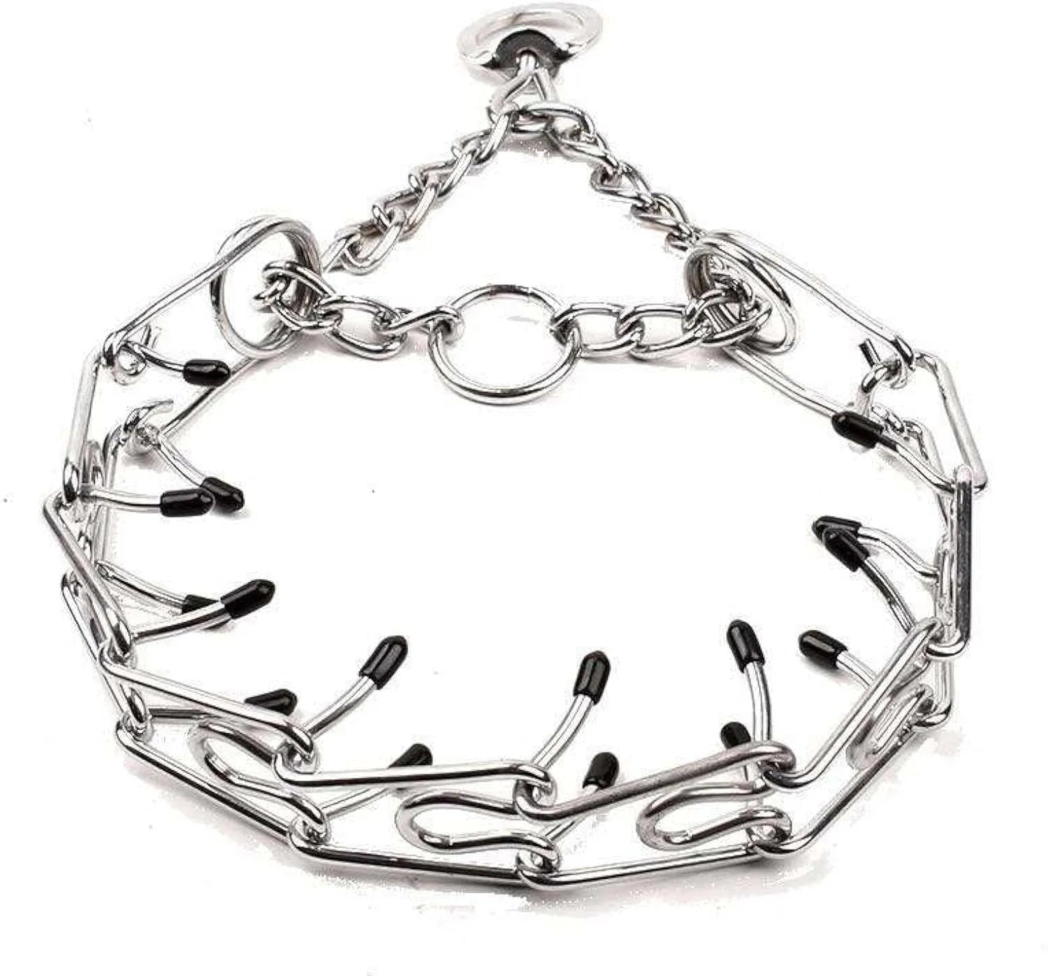 Stainless steel dog prong training collar with adjustable links and rubber comfort tips.