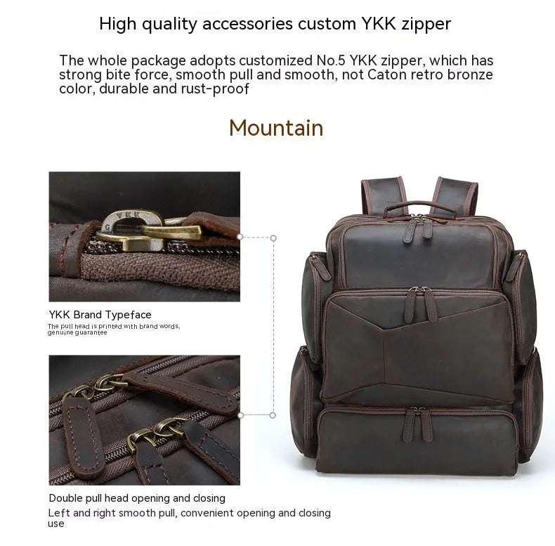 Dark brown genuine cowhide leather backpack with 17-inch laptop compartment and multiple internal organisers