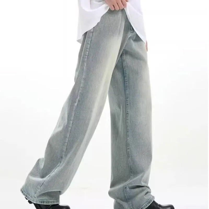 Blue retro loose-fit men's casual trousers made from rabbit fur fabric on a neutral background.