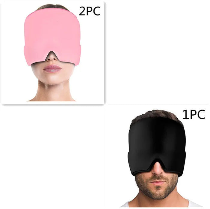 Cold therapy gel eye mask for headache relief in black colour on forehead