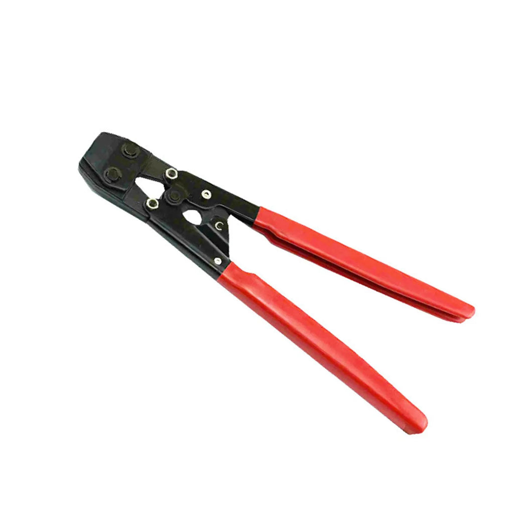 Red cloth covered single ear metal PEX hose clamp with bolt.