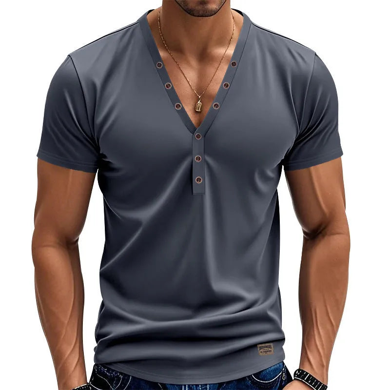 Men's loose solid-colour V-neck top with button detail on a hanger.