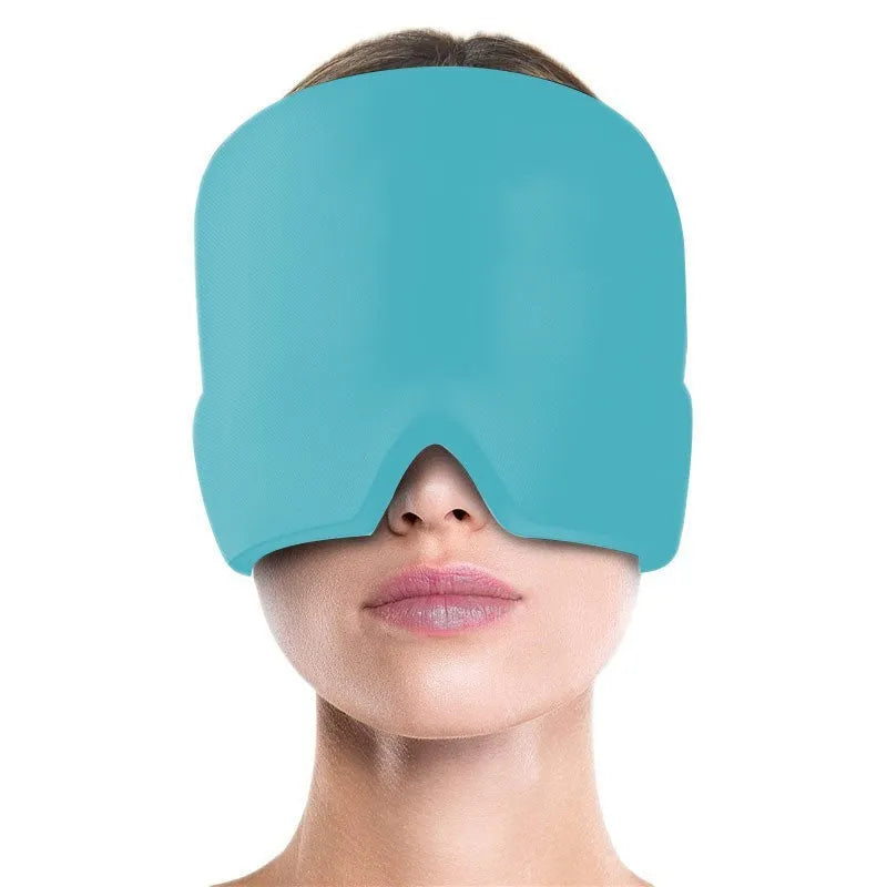 Cold therapy gel eye mask for headache relief in black colour on forehead