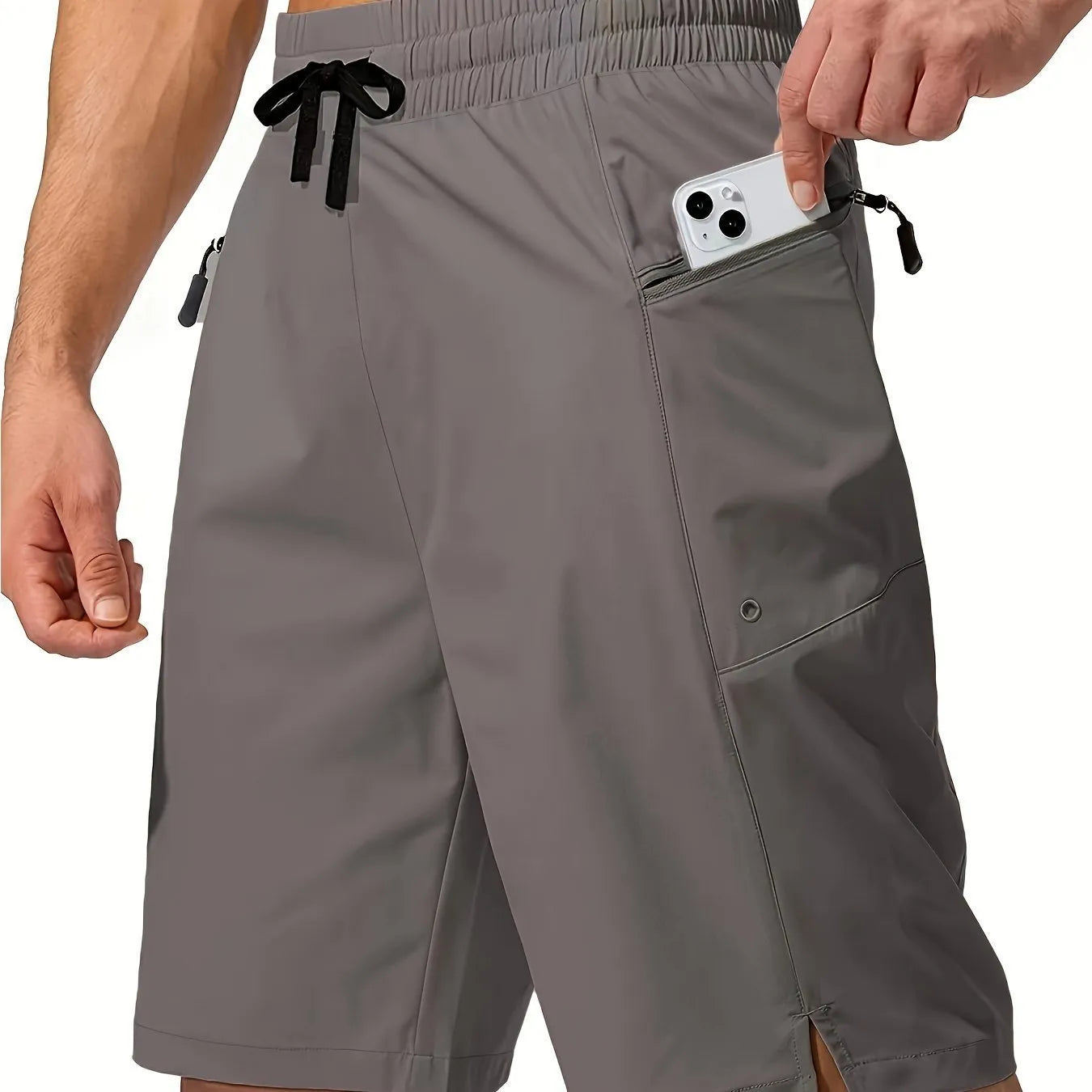 Men's solid colour quick-drying polyester beach shorts in straight cut