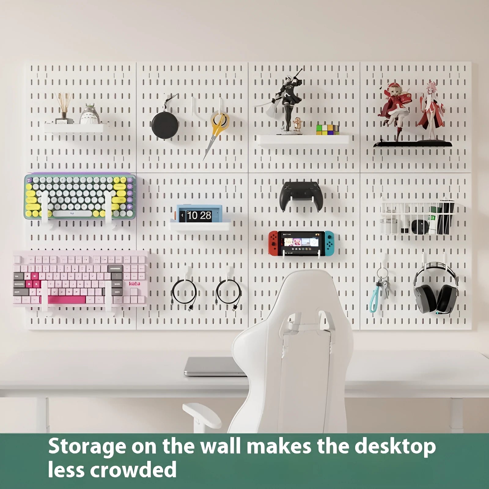 White punch-free plastic wire-wrap board storage rack mounted on a wall with hooks
