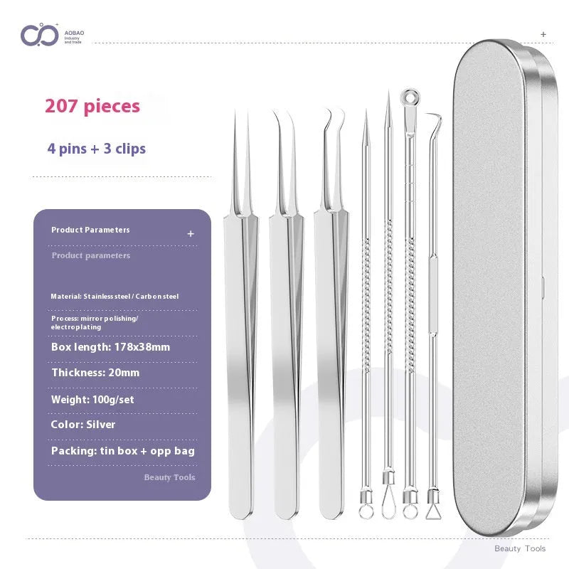 Four silver metal acne needles with pointed tips for skincare extraction