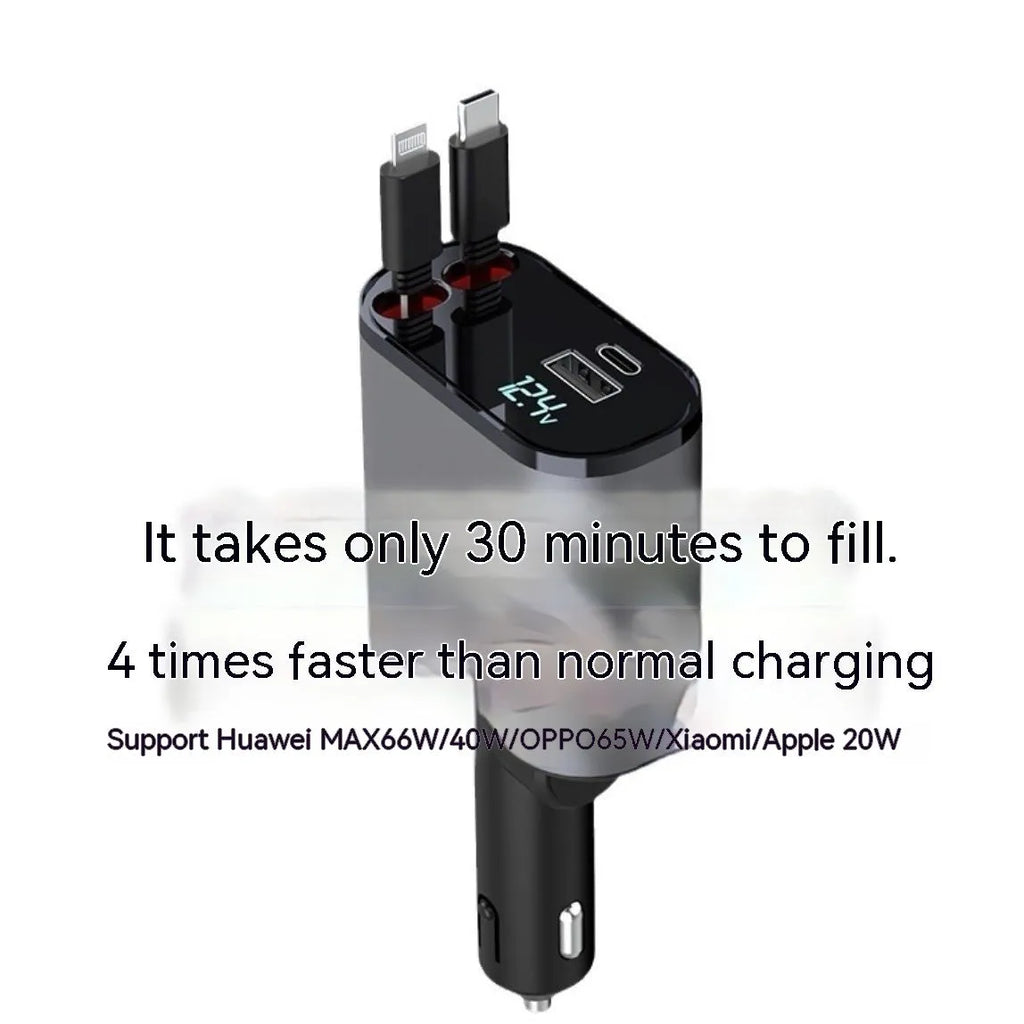 Automatic retractable car charger with cigarette lighter plug and multiple USB ports