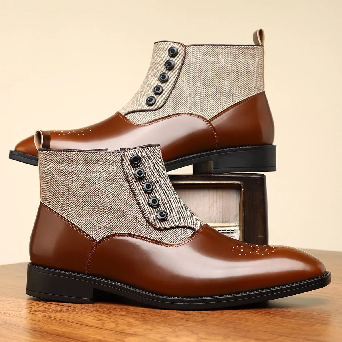 Men's brown and green retro business formal shoes with side zipper and square toe