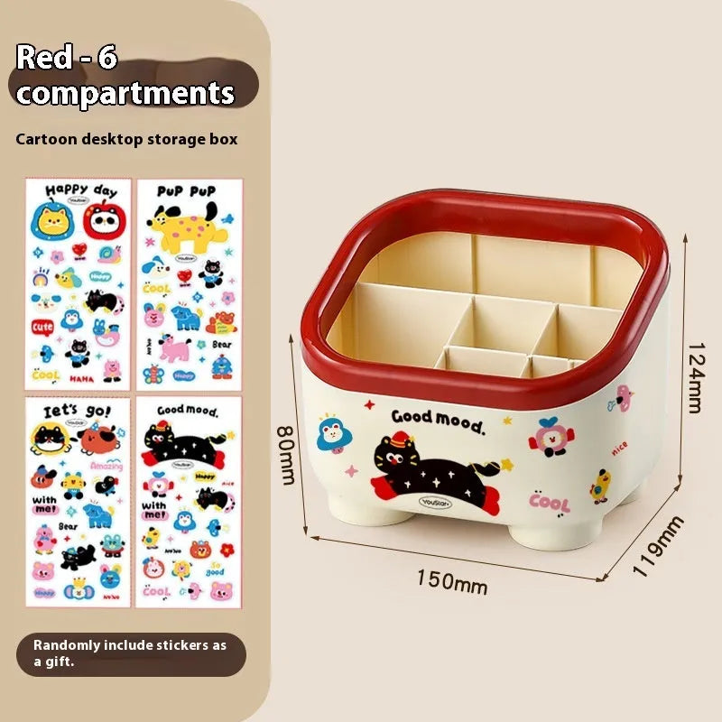 Red and brown cartoon-style plastic desktop storage organiser with grid pattern for stationery and sundries.