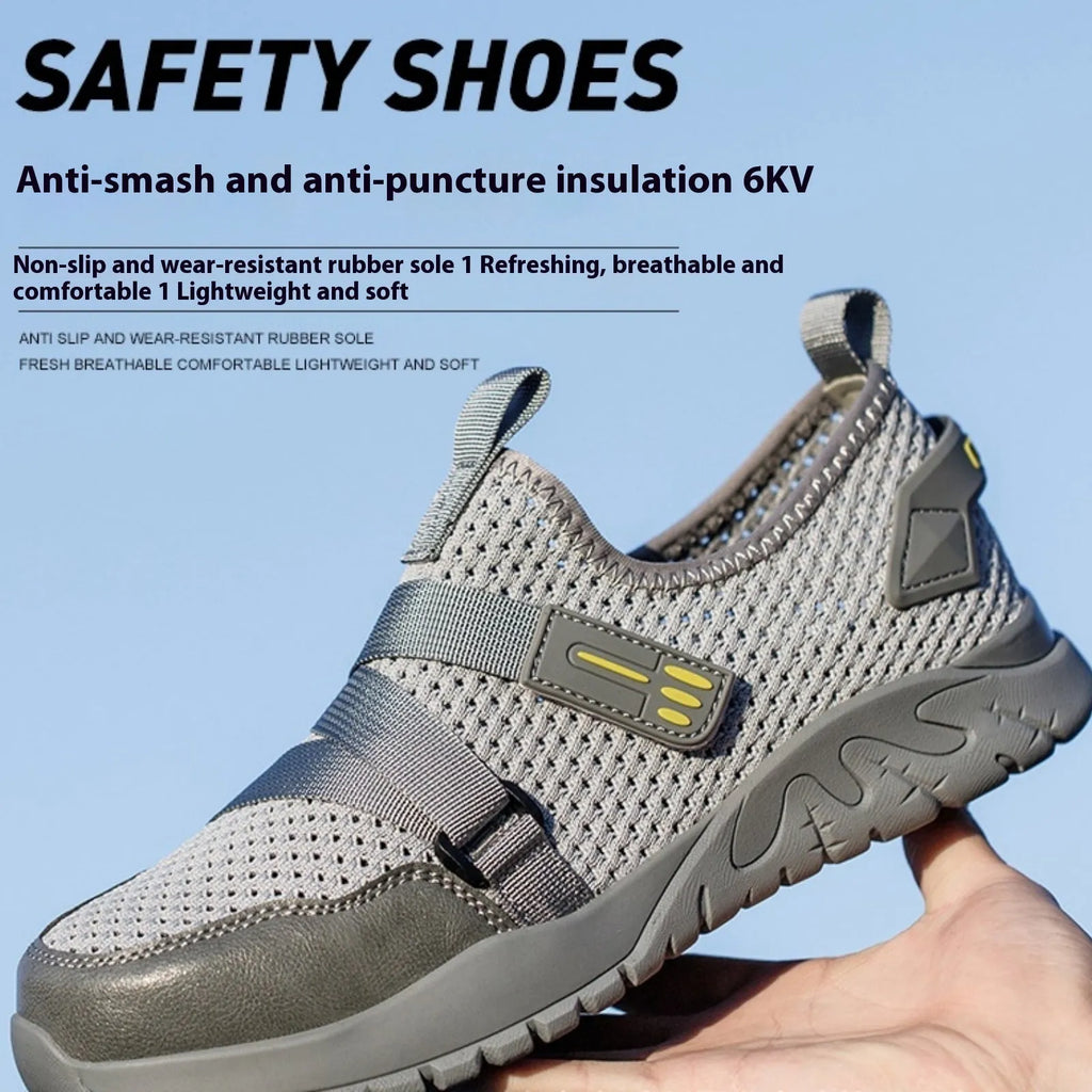 Men's grey safety work shoes with anti-smash, anti-puncture and insulation features for industrial protection