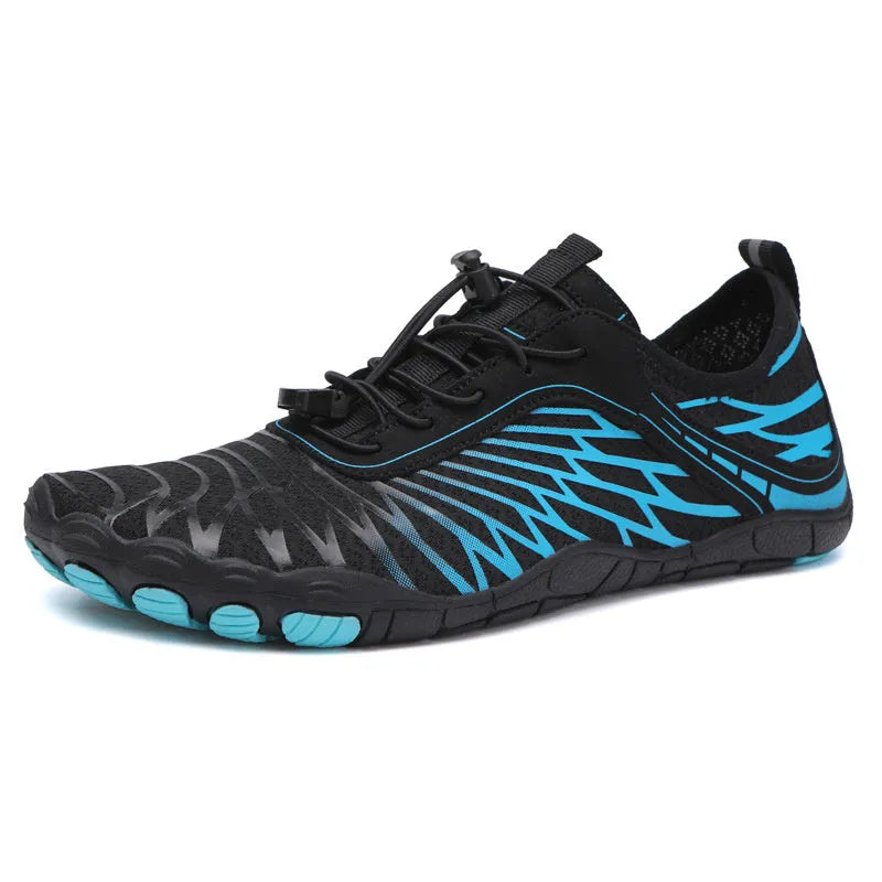 Outdoor sports shoes in multiple colours with lace-up front and rubber sole.