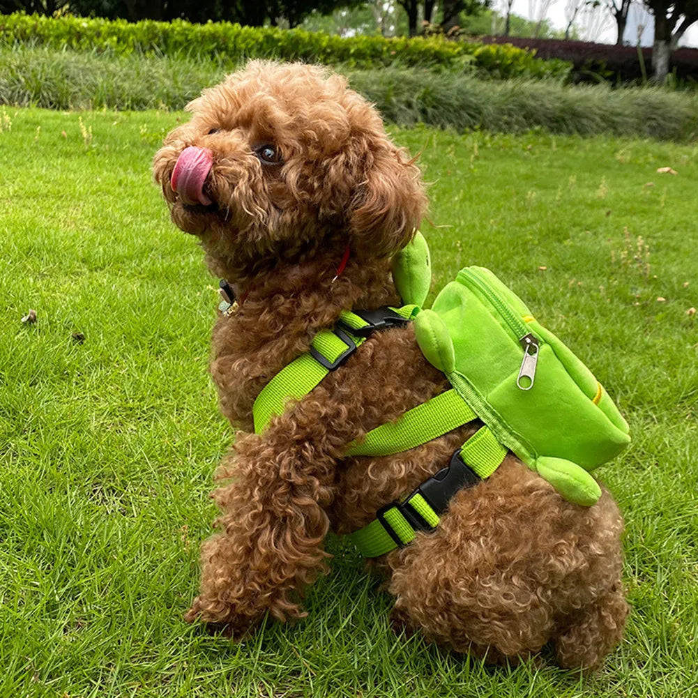 Brown turtle-shaped velvet dog backpack harness with metal zipper and 20x18cm dimensions