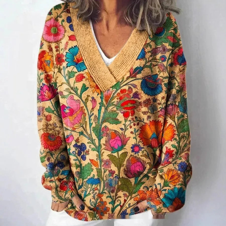 Women's long sleeve V-neck sweatshirt with a printed 3D floral pattern in retro style.