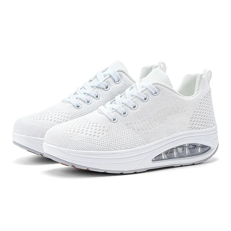 Women's platform air cushion sneakers in 2318 Black with mesh fabric upper and hollow-out detail