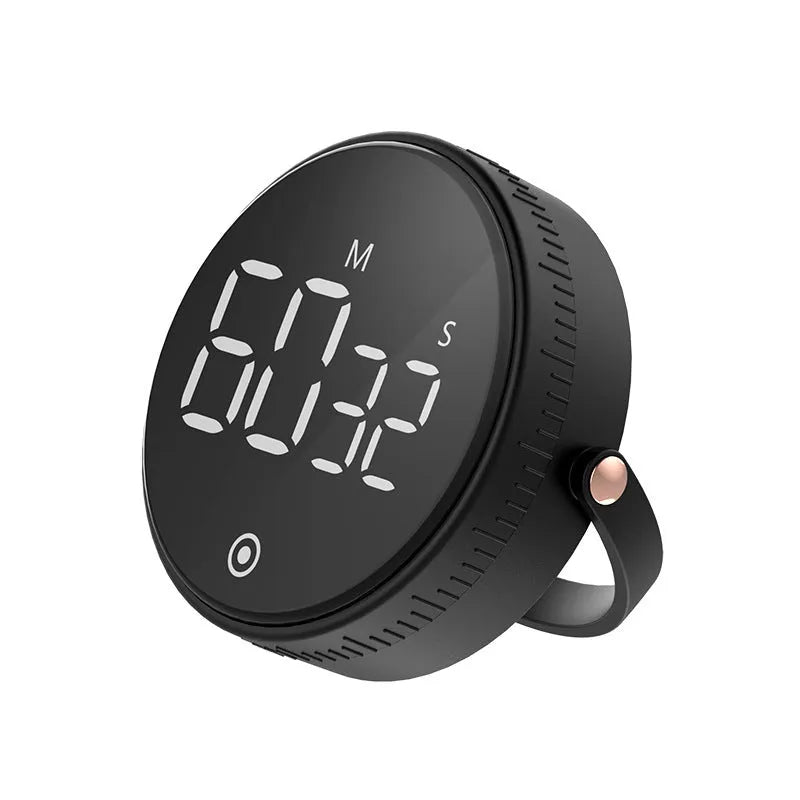 Kitchen silent rotary adjustable digital timer with LED display, black, showing rotary dial and countdown