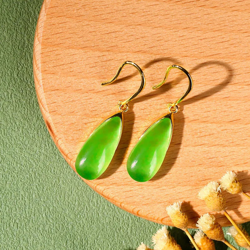 Retro Chinese style geometric earrings with jade colour finish and water droplet elements
