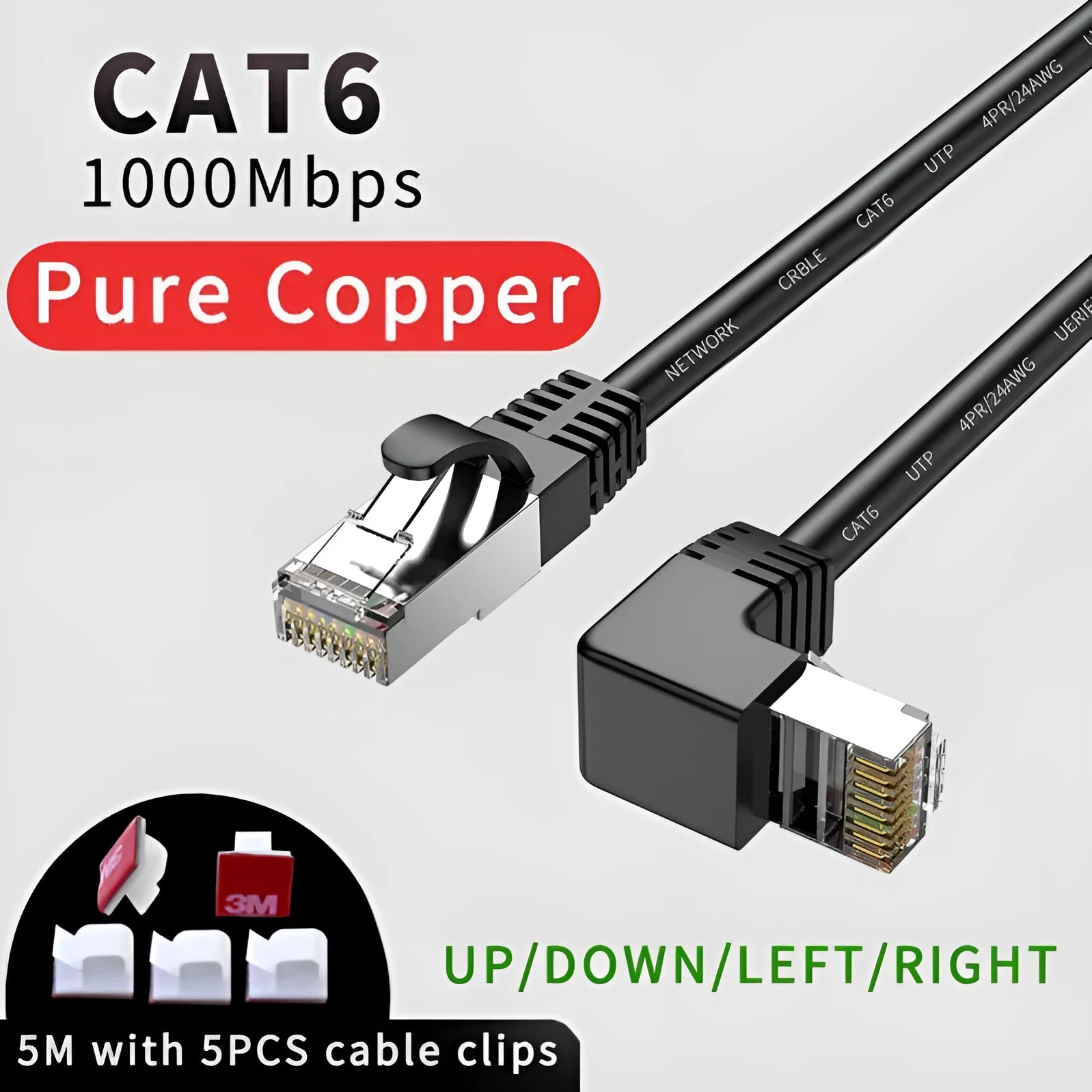 Right-angled Cat6 Ethernet cable with metal connector in various colours including black, red, and yellow.