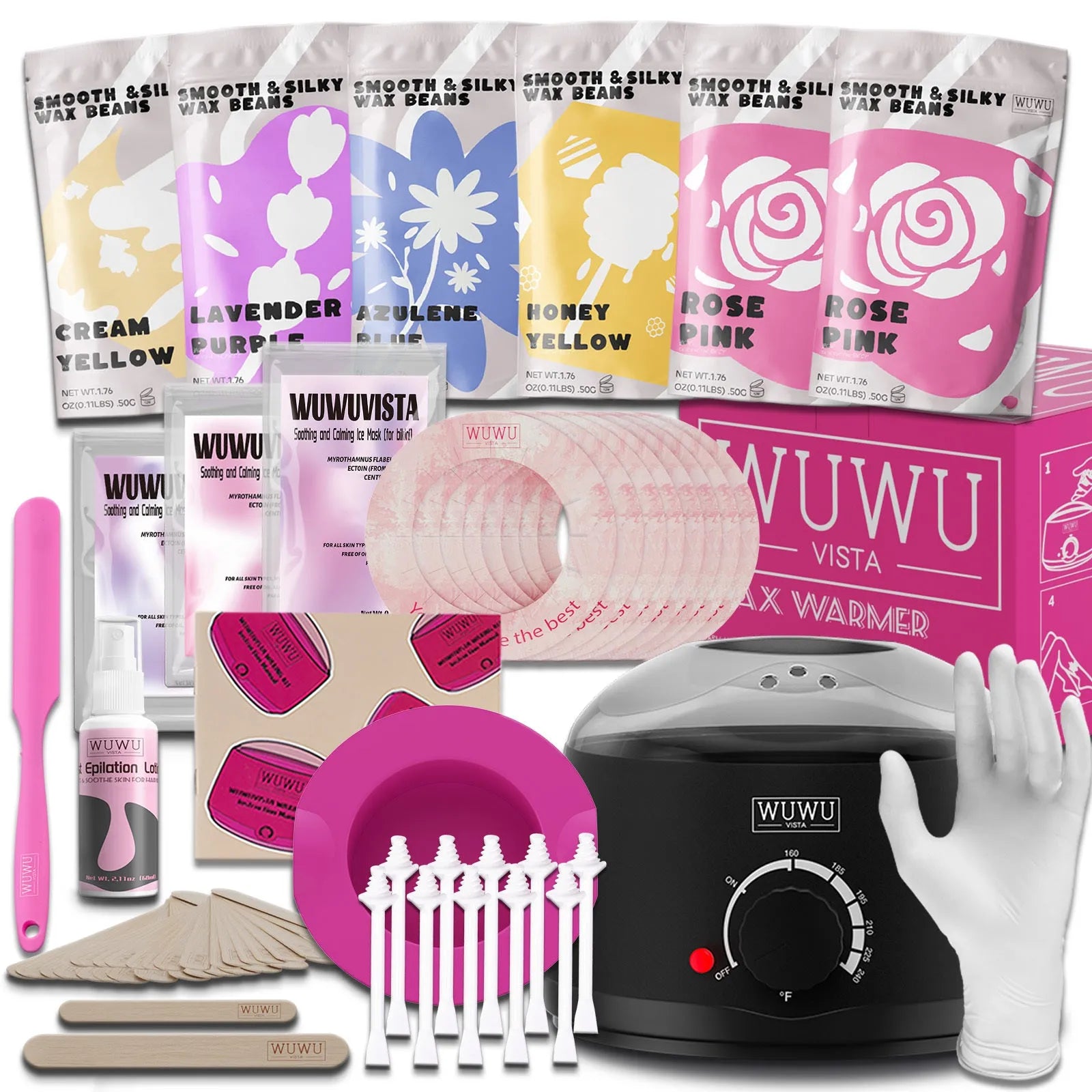 WUWUVISTA 56 piece professional waxing kit with wax warmer, coloured wax beads, applicators, and aftercare products